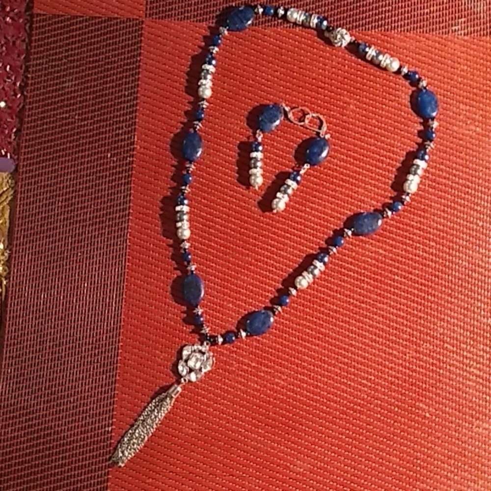 Necklace & Earring, Lapis lazuli w/AAA Grade pearl